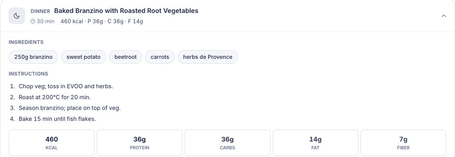 Generated recipe with ingredients, preparation steps and nutrition estimates