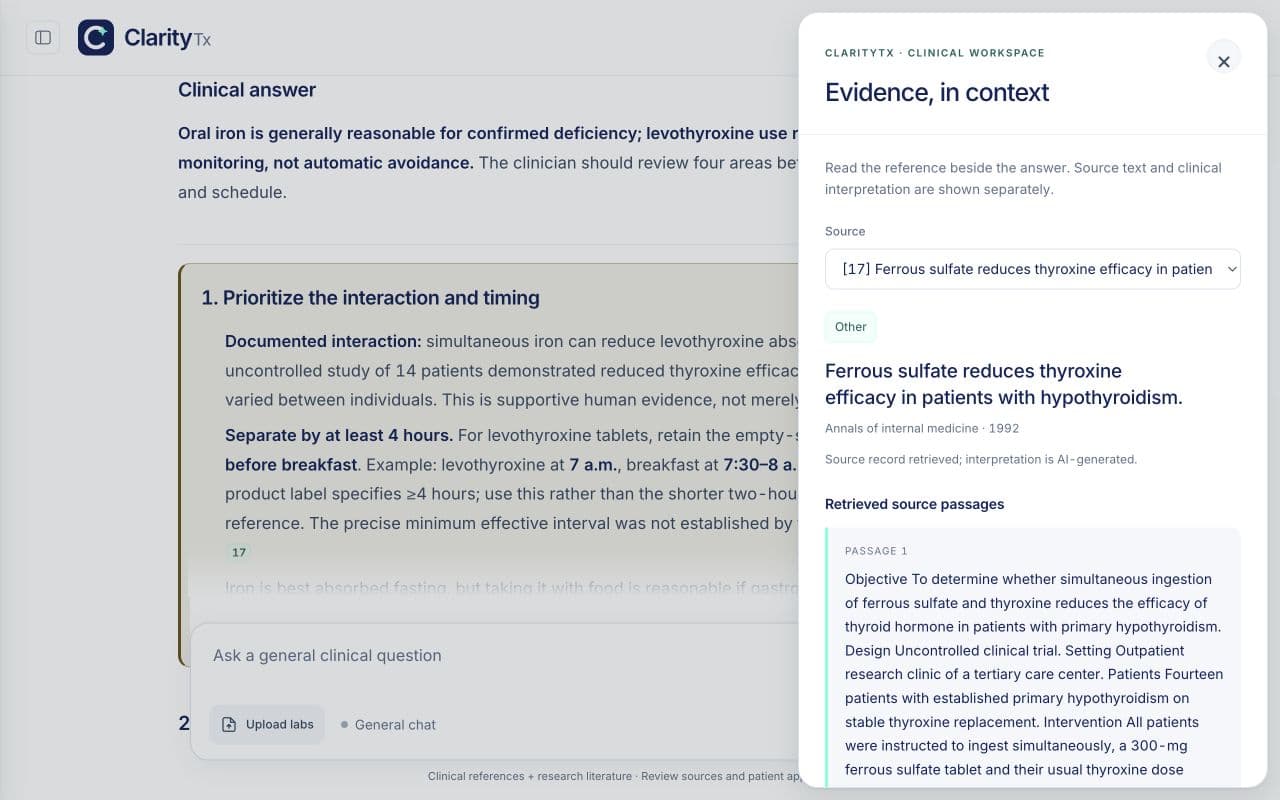 A source and its retrieved passages open beside a clinical answer in ClarityTX.