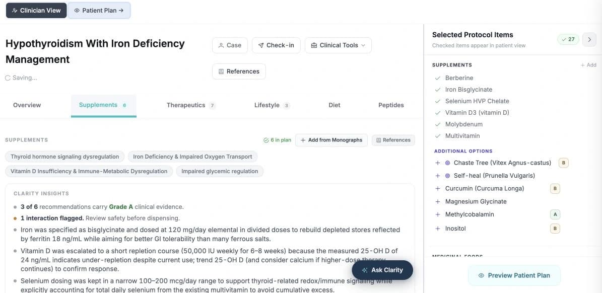 ClarityTX treatment plan showing treatment recommendations, dosing and evidence grades beside selected plan items