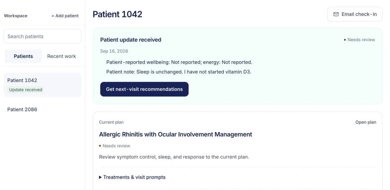 Follow-up workspace with a fictional patient’s update beside their saved plan