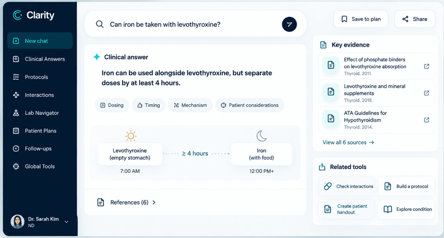 Illustrative ClarityTX workspace showing a clinical question, the answer, medication timing and key evidence