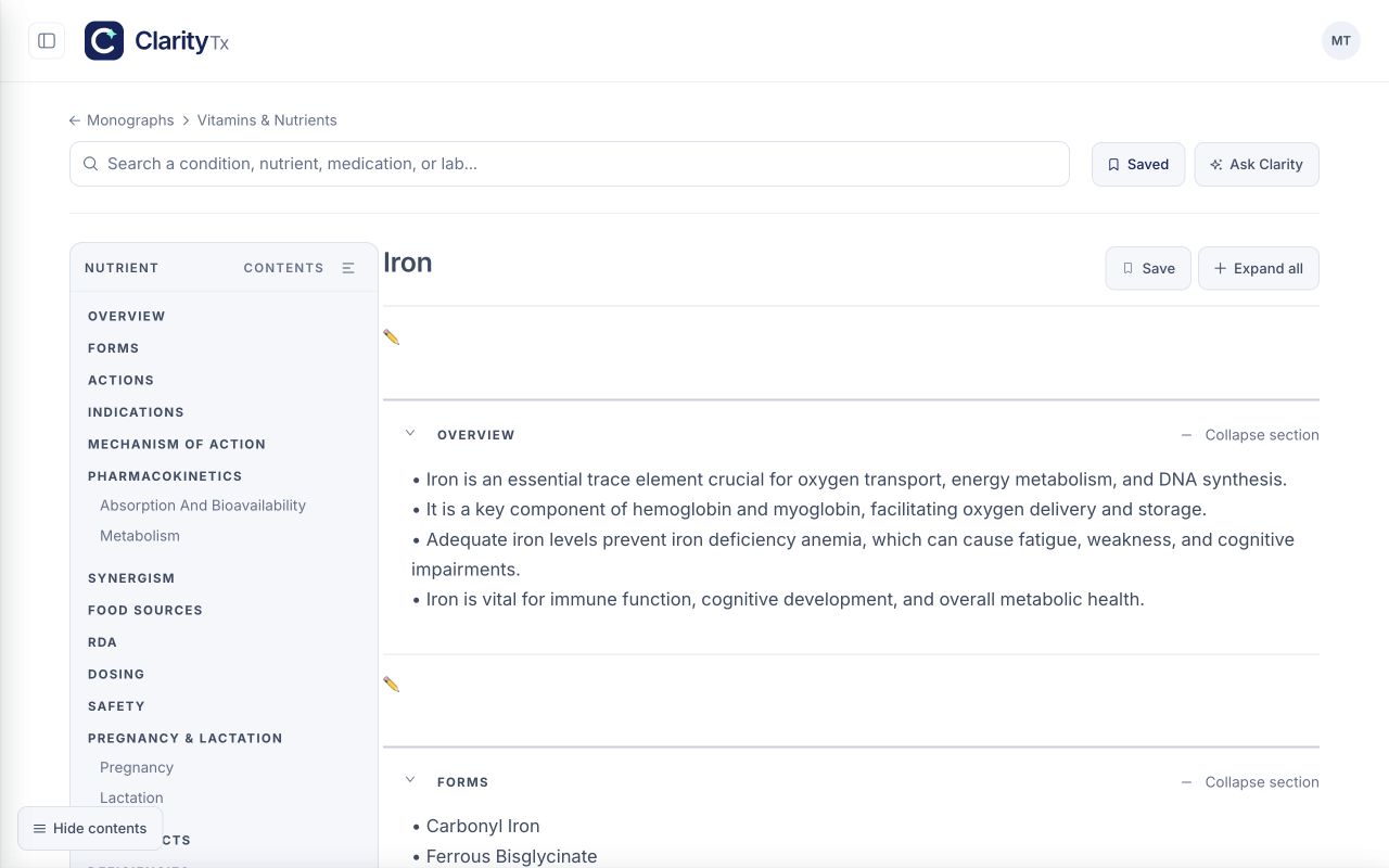 Actual Clarity clinical references product screen