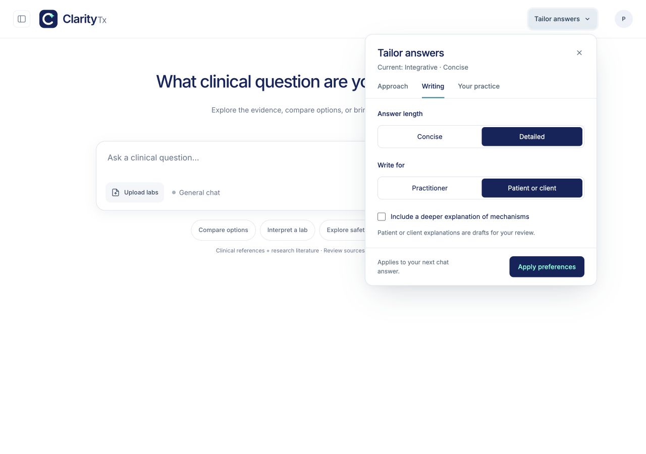 Actual Clarity tailor answers product screen